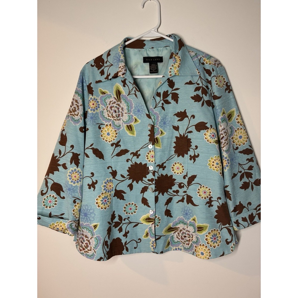 Silkland Vintage 100% Silk Blazer W Sequins Lined Size XL Floral Robins Egg Blue